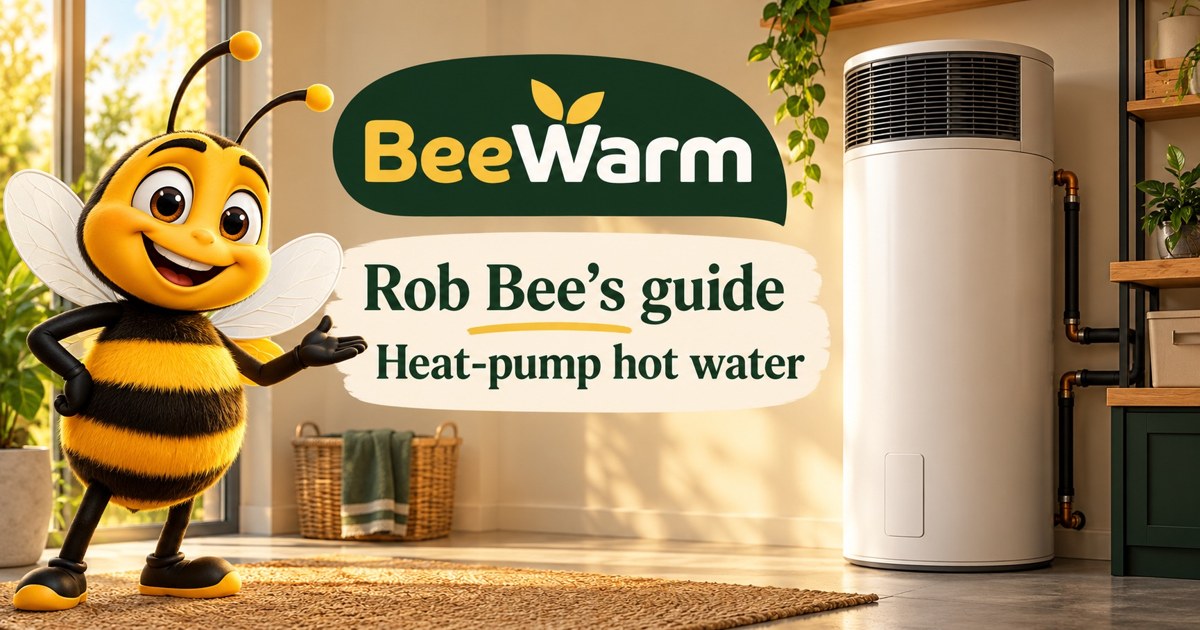 Rob Bee mascot beside an illustrative heat-pump water heater