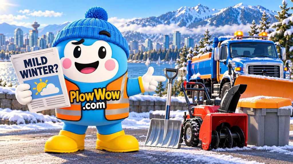 Mild winter? Wow keeps the shovel, blower and plow ready anyway. AI illustration by PlowWow; the newspaper is fictional, not a weather forecast.