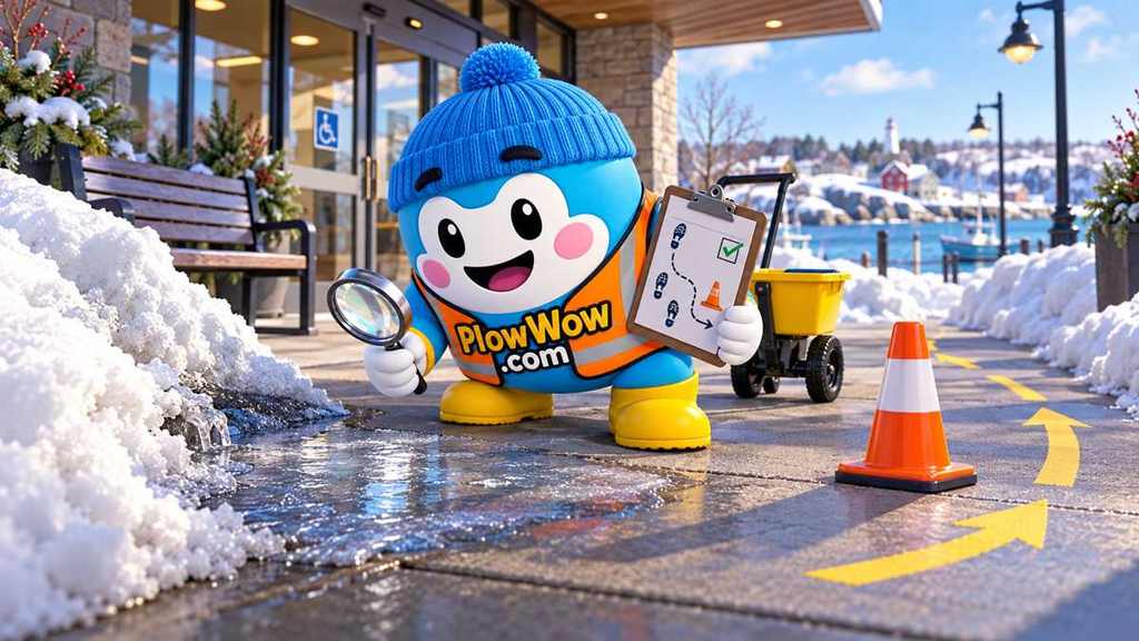 Wow checks an icy patch beside an entrance and marks a clear route around it. AI illustration by PlowWow.